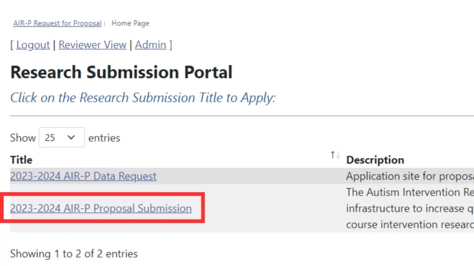 A screenshot showing the landing page of the research submission portal, with the 2024 AIR-P project submission link outlined