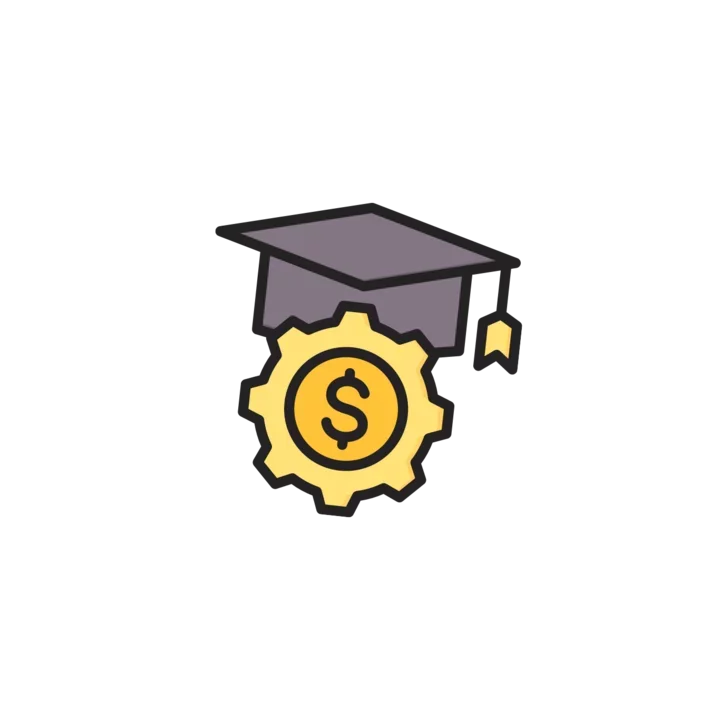 A scholars cap above a gear with a dollar sign, showing a stipend for scholarly work