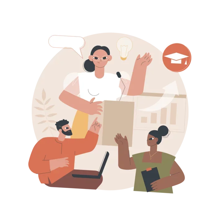 a graphic of a diverse group of people discussing at an educational seminar