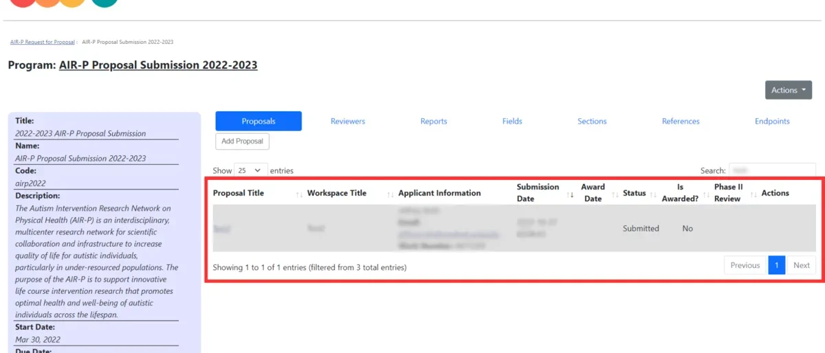 A screenshot of the RFP website after a project has been successfully submitted