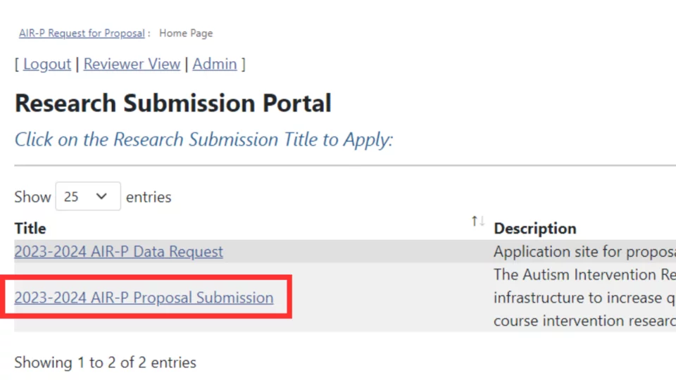 A screenshot showing the landing page of the research submission portal, with the 2024 AIR-P project submission link outlined