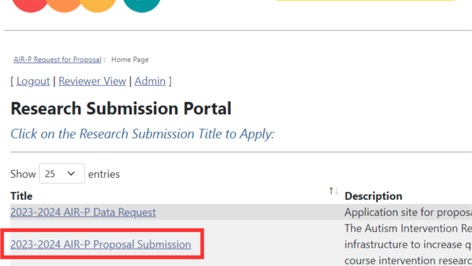 A screenshot showing the landing page of the research submission portal, with the 2024 AIR-P project submission link outlined