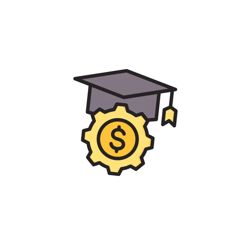 A scholars cap above a gear with a dollar sign, showing a stipend for scholarly work