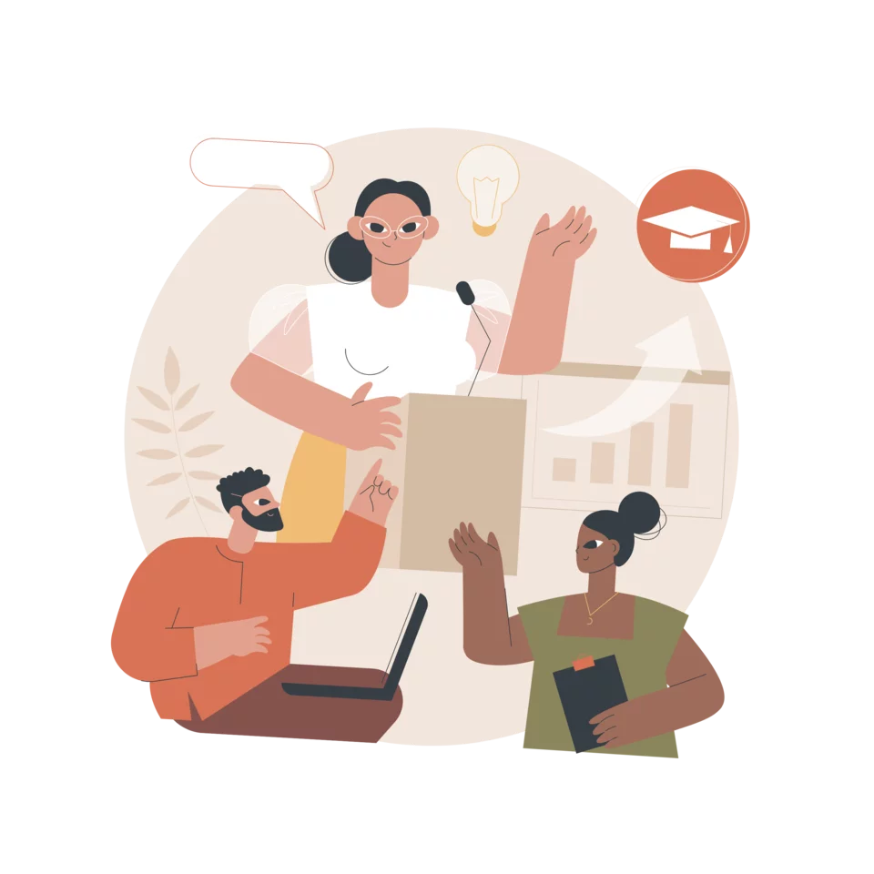 a graphic of a diverse group of people discussing at an educational seminar