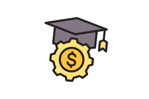 A scholars cap above a gear with a dollar sign, showing a stipend for scholarly work