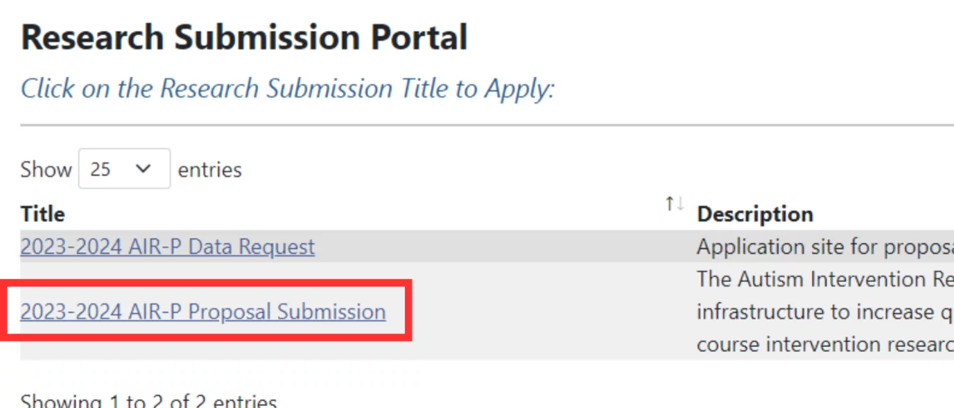 A screenshot showing the landing page of the research submission portal, with the 2024 AIR-P project submission link outlined
