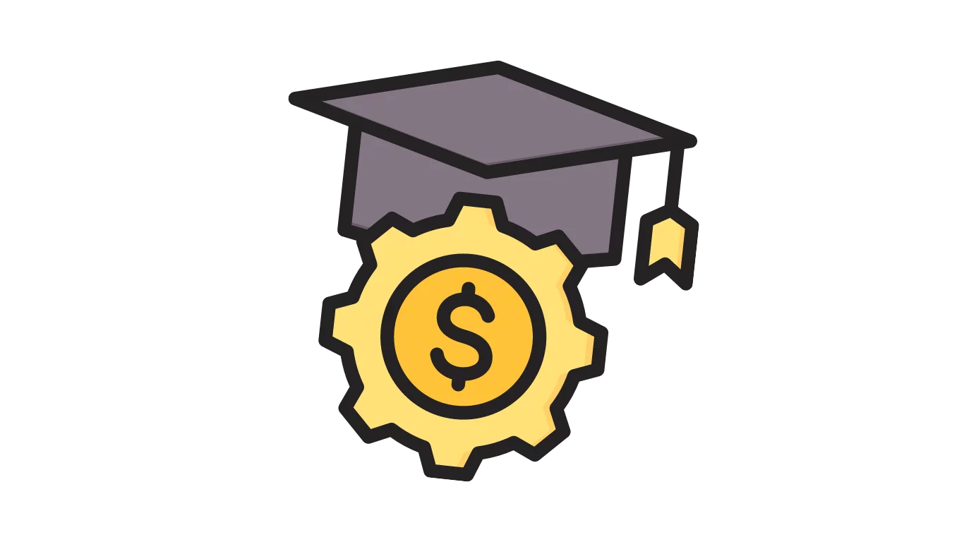 A scholars cap above a gear with a dollar sign, showing a stipend for scholarly work